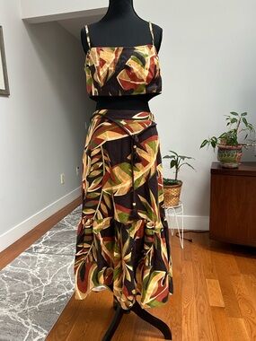 Harlow Tropical Leaf Tiered Maxi Skirt Set - Brown/Green/Orange